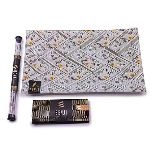 Benji Glass Rolling Tray Kit | $100 Bills Design with Papers & Cones