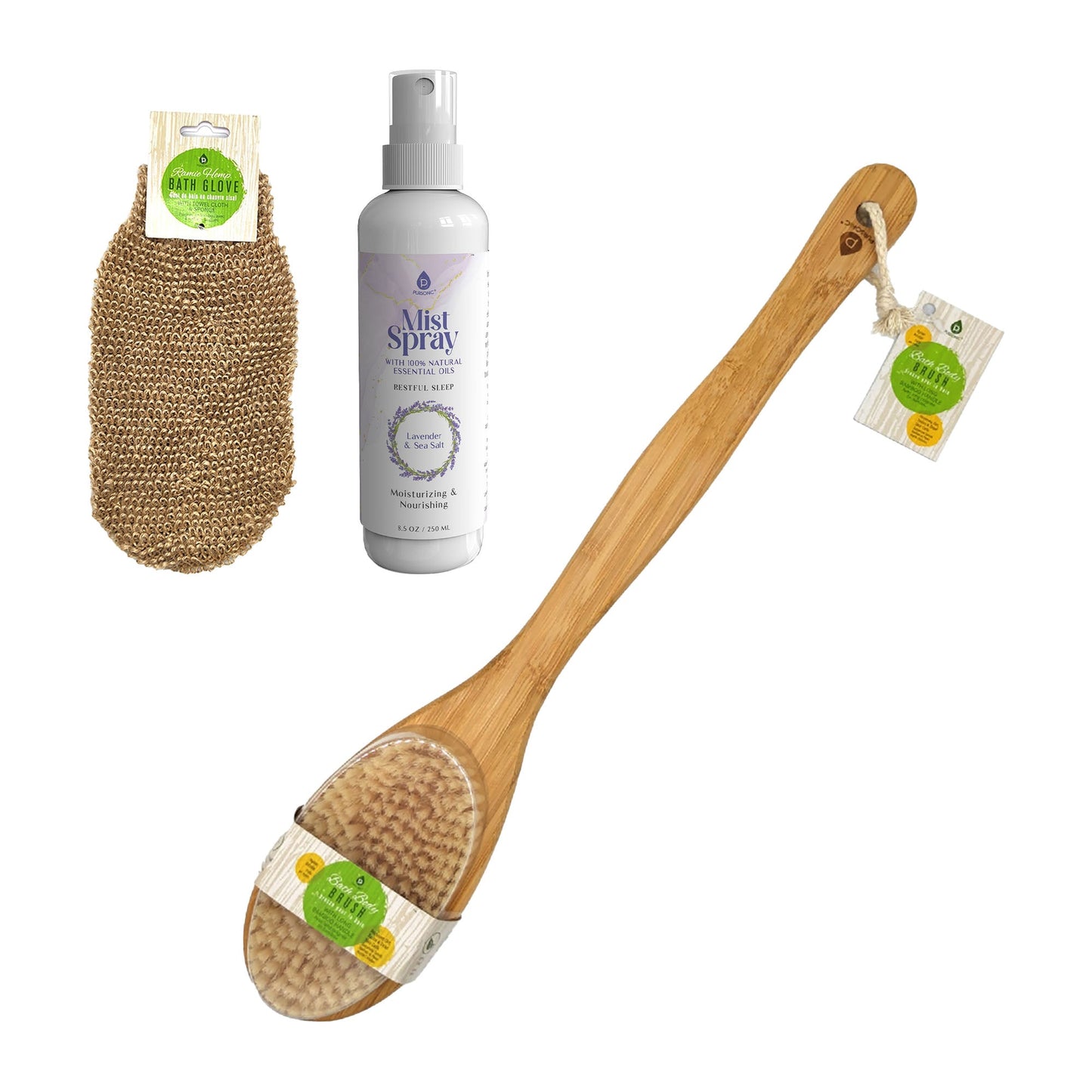 Pursonic Lavender & Sea Salt Mist Spray + Sisal Hemp Exfoliating Gloves + Bamboo Bath Body Brush Bundle-0