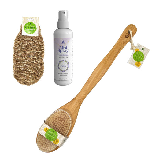 Pursonic Lavender & Sea Salt Mist Spray + Sisal Hemp Exfoliating Gloves + Bamboo Bath Body Brush Bundle-0