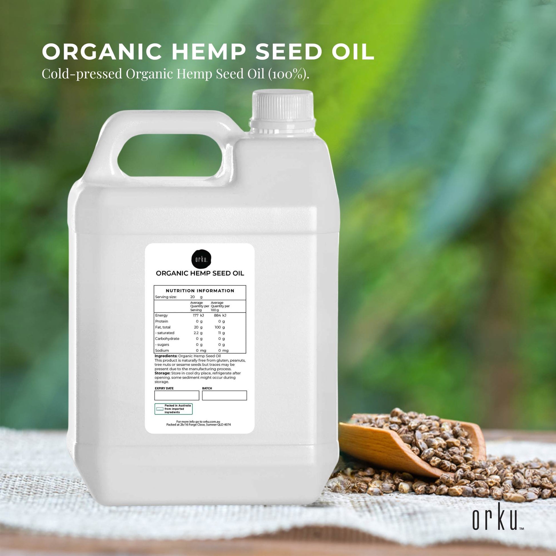 Orku 5L Organic Hemp Seed Oil - Cold Pressed Food Grade Oils-1