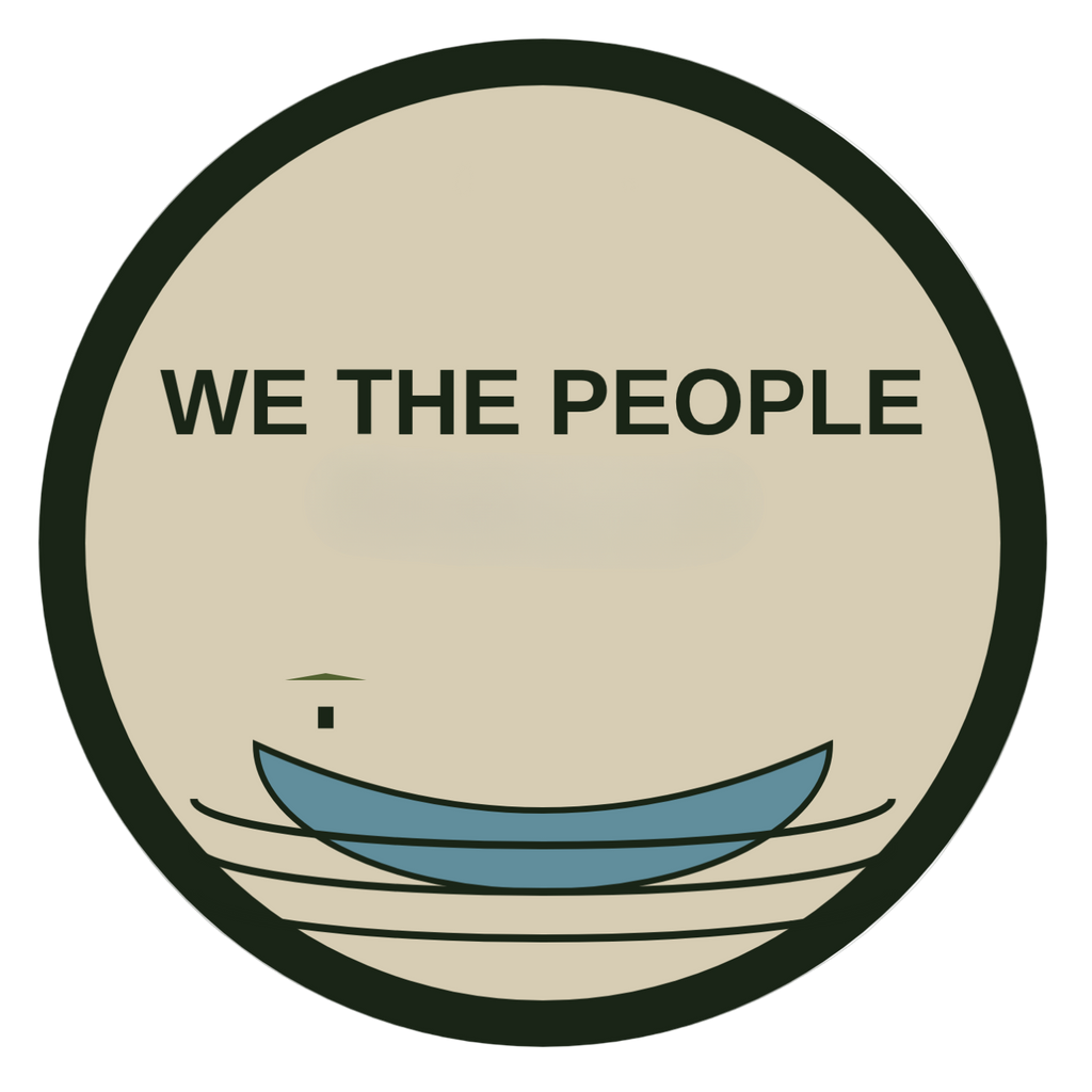 Circular logo with 'WE THE PEOPLE' text and a blue boat on a beige background