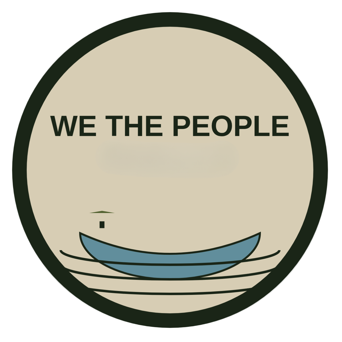 Circular logo with 'WE THE PEOPLE' text and a blue boat on a beige background