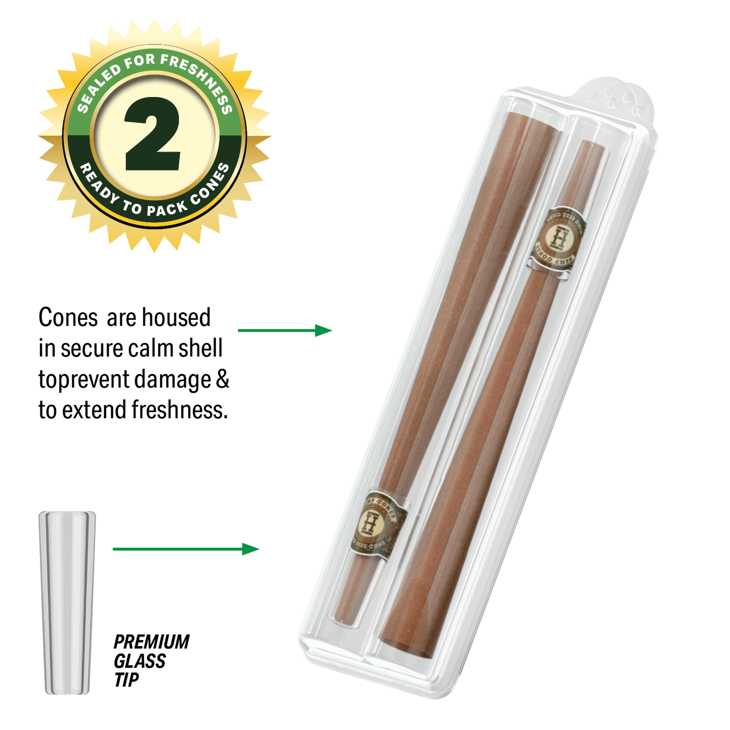 Pre-Rolled 2PK King Size Glass Tipped Hemp Cones| 12ct Display